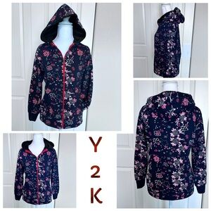 Y2K Floral Fleece Hooded Jacket Faux Fur Lined Inside Hood Sz XS /S